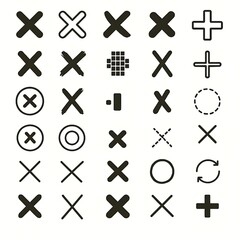 Collection of abstract cross shapes plus signs and circles in black and white vector illustration