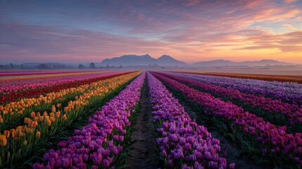 Fototapeta premium Tulip field with irrigation at sunrise