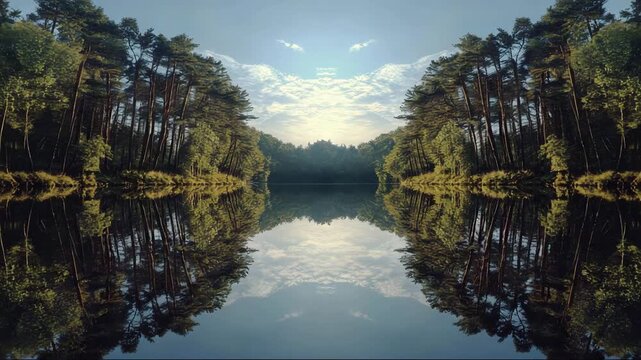 Serene lake reflecting trees and sky in a tranquil nature scene  
