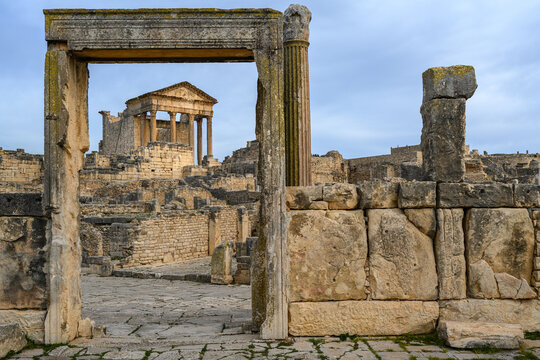 A view of the Roman ruins of Dougga (Thugga) in Tunisia