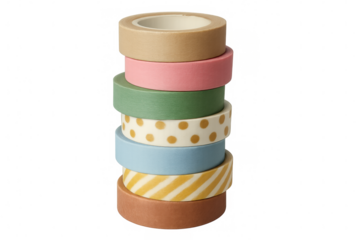 Seven rolls of colorful washi tape stacked vertically, creating a vibrant arrangement, perfect for creative projects