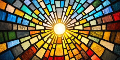 Radiant sunlight through colorful stained glass dome with dramatic symmetry