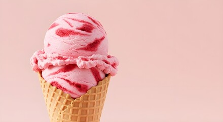 Decadent Raspberry Cheesecake Ice Cream in Waffle Cone on Light Pink Background with Soft Shading – Creamy Dessert Fusion with Sweet Berry Swirl, Cheesecake Chunks, and a Dreamy Pastel Aesthetic
