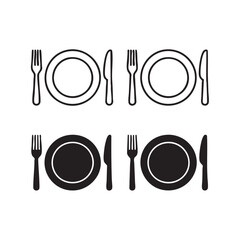 Black and white outline and solid icons of plates with forks and knives knife cutlery