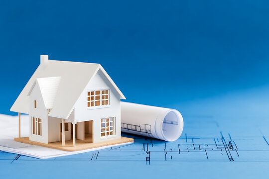 Architectural house model laying on the blueprint. Building design studio. Construction of the real property, a design for living. Residential property concept.