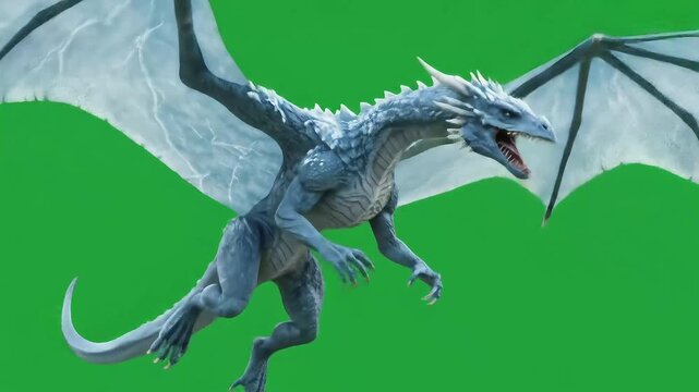 A bluegray dragon with large translucent wings flies against a bright green background