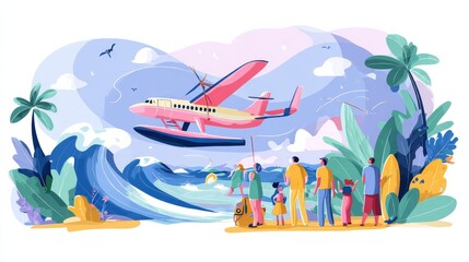 Summer recreation and adventure metaphors. Traveling the world, low cost flight, family vacation. Sea resort holiday. Cheap plane tickets. Vector isolated concept metaphor illustrations., no logos, n