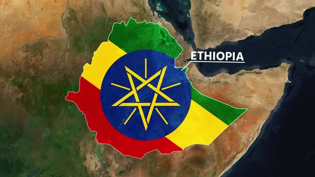 Zoom from Earth to Ethiopia. (Country Flag) World map animation with highlighted country borders. Satellite 3d world map animation highlights aerial views, tourism, and travel. 4k