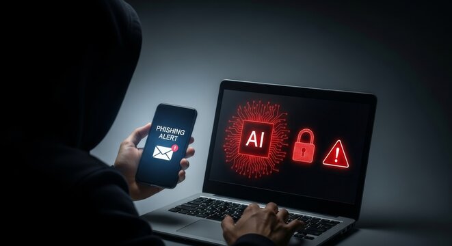A hacker uses a smartphone with a phishing alert and a laptop displaying ai, a lock, and a warning symbol