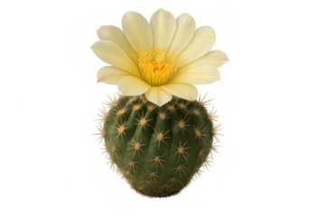Vibrant yellow flower blooming on small green cactus, isolated against clean transparent background, showcasing desert botanical beauty