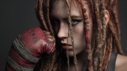 A woman with dreadlocks and a boxing glove