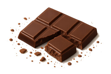 Broken milk chocolate bar lying on clear surface, chocolate crumbs surrounding fragmented pieces