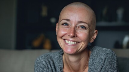 Portrait of a strong, beautiful smiling woman with no hair, cancer survivor, sitting on the sofa in her home.