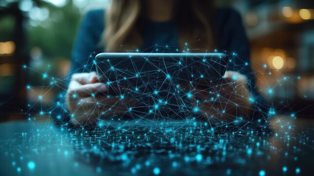 Business growth and internet technology. Business person using tablet computer. Network structure and graphs. Technology of finance and business.