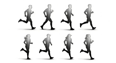 Running men and women, isolated silhouettes with gradient fill. Run, side view. Silhouettes of athletic looking male and female runners running.