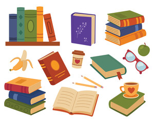 Book collection. Various stacks of books, open books, notebook for notes. Vector illustration in flat style. White isolated background