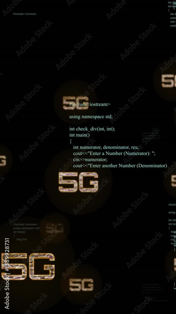 Poster 5g text animation over programming code on black background