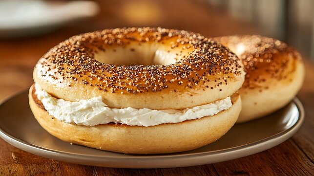 Everything Bagel with Cream Cheese on a Plate - Powered by Adobe