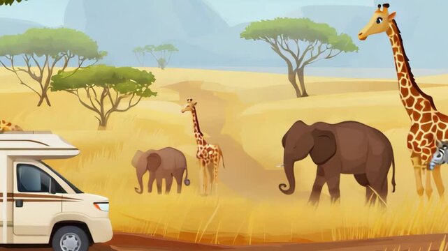 safari african animals wild vehicle caravan travel environment summer 3d render animation video