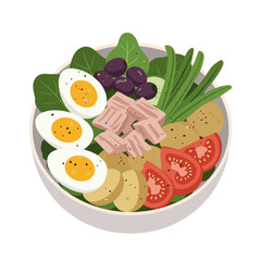 Niçoise salad bowl in flat vector style, colorful and fresh, featuring tuna, boiled eggs, green beans, olives, tomatoes, and potatoes