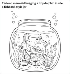 A cartoon mermaid hugging a tiny dolphin inside a fishbowl-style jar, with wavy sea plants and bubble trails—a toddler-friendly coloring page with easy shapes.