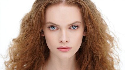 Fototapeta premium Retrato de moda de una modelo caucásica con un peinado elegante, piel radiante y una mirada seria y confiada. Fotografía de estudio aislada en blanco con espacio para texto.