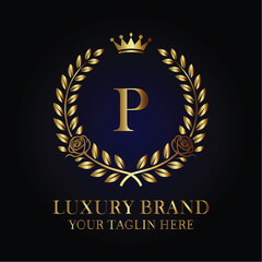 Golden luxury logo with elegant P monogram laurel wreath roses and crown on dark sophisticated background

