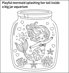 Playful mermaid splashing her tail inside a big jar aquarium, with floating hearts, starfish, and coral—clean, thick lines and big shapes for toddlers to enjoy coloring.