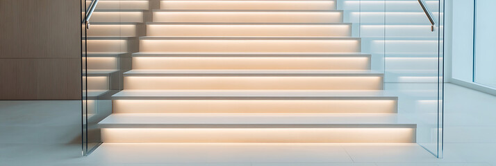 Illuminated Staircase: Modern design featuring a clean white staircase with subtle under-step lighting, creating a serene and elegant atmosphere.