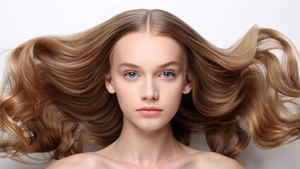 Obraz premium Retrato de belleza desde una vista superior de una mujer serena con piel perfecta y ojos azules, acostada con su cabello voluminoso y saludable con fondo blanco