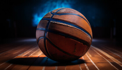 old basketball resting on a textured surface with distinct orange and blue patterns in a dimly lit environment