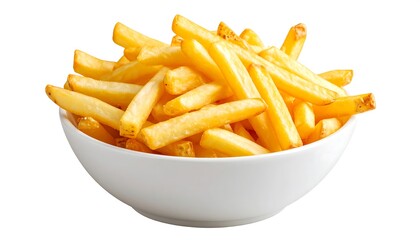Crispy golden french fries in a white bowl