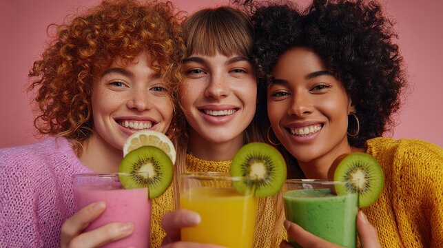 Three friends smiling and holding colorful smoothies in glasses garnished with kiwi slices, capturing a healthy lifestyle moment