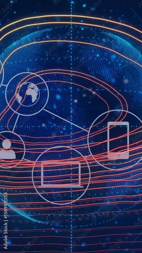 Poster network connectivity icons and data flow animation over abstract digital background