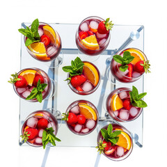 Overhead summer party scene with glasses of chilled sangria, fresh strawberry, mint sprigs, orange wedges and ice. Bright daylight, reflective glass table surface copy