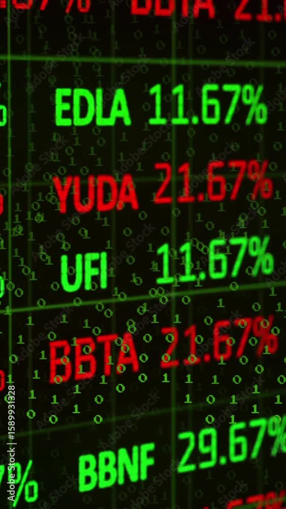 Poster stock market data animation with green and red numbers over binary code background