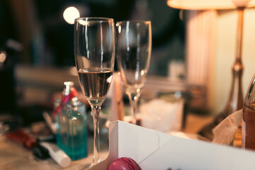 Wedding Morning Preparations, Champagne Glasses in Bridal Room