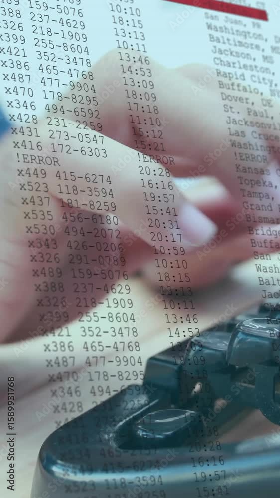 Poster typing on keyboard, hands processing financial data with animation overlay