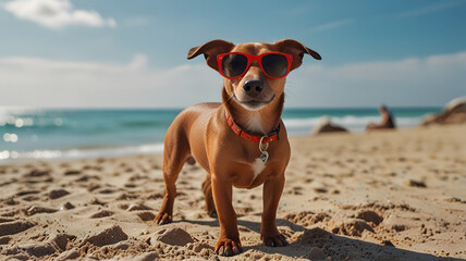 Stylish Dachshund in Red Sunglasses Enjoying a Sunny Beach Day