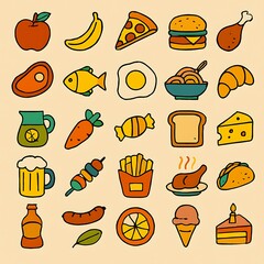 Illustration of food icons: apple, banana, pizza, burger, chicken, steak, fish, egg, and more food items