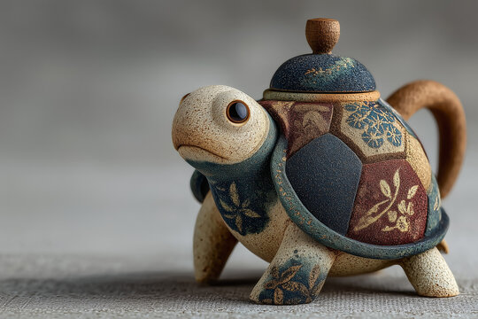 tetera con forma de tortuga hecha de arena petrificada, visualmente parece antigua, precolombina, ancestral, va como caminando invitando un t&eacute; sobre fondo gris claro, aislado, espacio copy