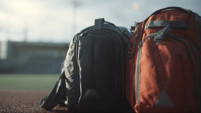 Two sports backpacks in focus on outdoor athletic field  