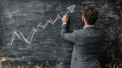 Businessman drawing growth arrow on chalkboard. Business leadership and development concept.