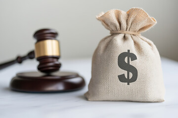 Justice and Finances: Gavel and Money Symbol. A visual representing legal decisions impacting monetary value and wealth distribution. Justice and Money.