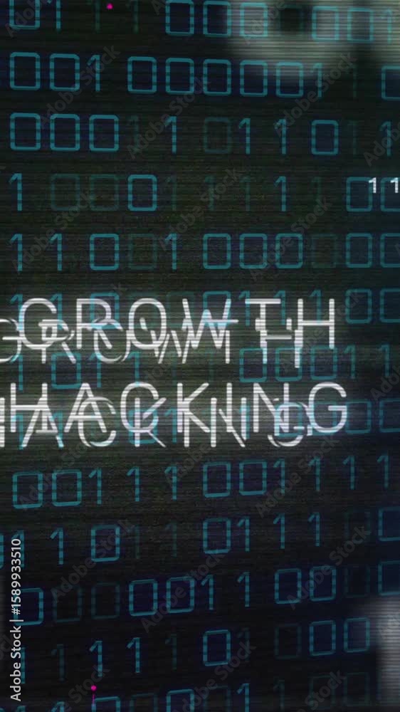 Poster binary code and growth hacking text animation over digital background