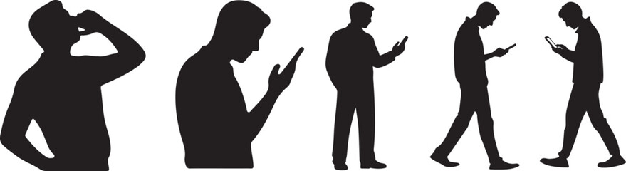 Side by side silhouettes of two men walking and talking on cell phones.