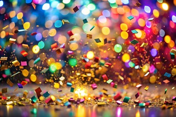 A vibrant explosion of colorful confetti and sparkling bokeh lights creates a dynamic and festive background for a celebratory event