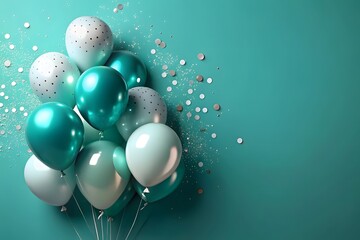 A sophisticated arrangement of teal, mint, and white balloons with silver accents floats against a solid teal background, adorned with subtle glitter and confetti