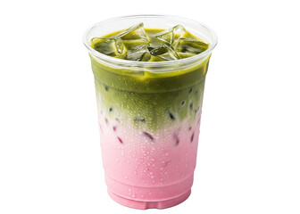 iced strawberry matcha latte in a takeaway cup