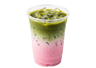 iced strawberry matcha latte in a takeaway cup